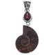 925 Silver 3ct Red Garnet Ammonite Fossil Fossil Sterling Pendant, 1 9/16"