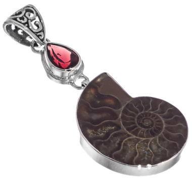 925 Silver Red Garnet Ammonite Fossil Fossil Sterling Pendant, 1 9/16"