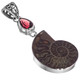 925 Silver Red Garnet Ammonite Fossil Fossil Sterling Pendant, 1 9/16"