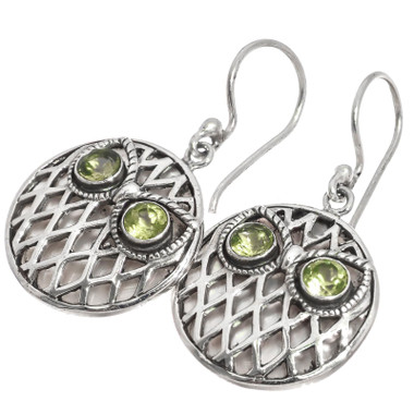925 Silver Adorable Owl Inspired Natural Peridot Eyes Sterling Earrings, 3/4"