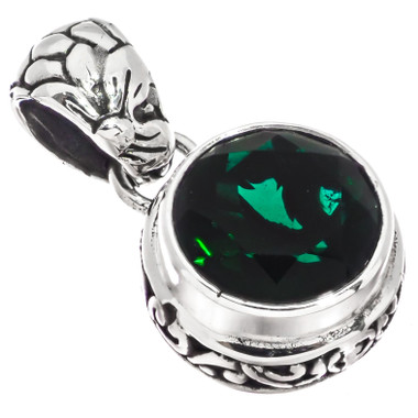 925 Silver Green Quartz Bali Handmade Scroll Filigree Sterling Pendant, 3/4"