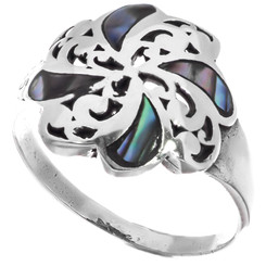 925 Silver Blue Green Paua Abalone Shell Flower Scroll Design Sterling Ring