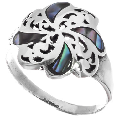 925 Silver Blue Green Paua Abalone Shell Flower Scroll Design Sterling Ring