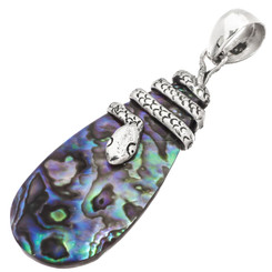 925 Silver Paua Abalone Shel Handmade Bali Filigree Snake Bail Pendant, 2"