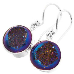 925 Silver Dainty Round Titanium Purple Blue Druzy Drusy Sterling Earrings, 5/8"