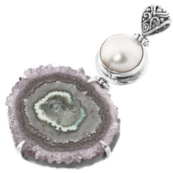 925 Silver Amethyst Crystal Slice White Mabe Pearl Sterling Pendant, 2.5"