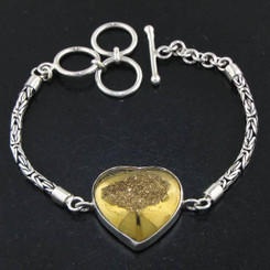 925 Silver Byzantine Chain Gold Heart Titanium Druzy Drusy Bracelet, 6.5-7.5"