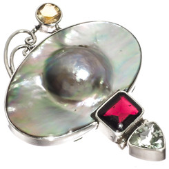 925 Silver Mabe Blister Pearl Red Garnet Prasiolite Citrine Sterling Pendant, 2"