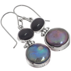 925 Sterling Silver Onyx Peacock Biwa Pearl Earrings, 7/8"