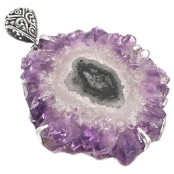 925 Silver Rare Big Amethyst Crystal Geode Slice Sterling Pendant, 2 3/4"