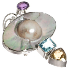 925 Silver Mabe Blister Pearl Amethyst Blue Topaz Citrine Sterling Pendant, 2"