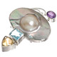 925 Silver Mabe Blister Pearl Amethyst Blue Topaz Citrine Sterling Pendant, 2"