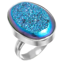 925 Silver Oval Peacock Purple Green Titanium Druzy Sterling Adj Sz 9 Ring, 1"