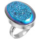 925 Silver Oval Peacock Purple Green Titanium Druzy Sterling Adj Sz 9 Ring, 1"