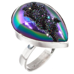 925 Silver Pear Peacock Purple Green Titanium Druzy Sterling Adj Sz 9 Ring, 1"