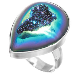 925 Silver Pear Peacock Purple Green Titanium Druzy Sterling Adj Sz 8 Ring, 1"