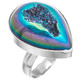 925 Silver Pear Peacock Purple Green Titanium Druzy Sterling Adj Sz 8 Ring, 1"