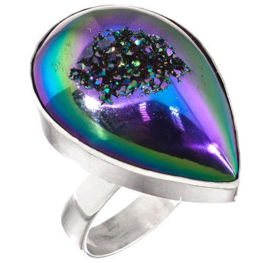 925 Silver Pear Peacock Purple Green Titanium Druzy Sterling Adj Sz 8 Ring, 1"