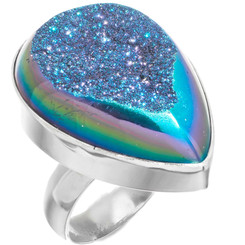 925 Silver Pear Peacock Purple Green Titanium Druzy Sterling Adj Sz 6 Ring, 1"