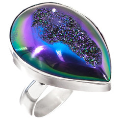 925 Silver Pear Peacock Purple Green Titanium Druzy Sterling Adj Sz 6 Ring, 1"