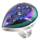 925 Silver Pear Peacock Purple Green Titanium Druzy Sterling Adj Sz 6 Ring, 1"