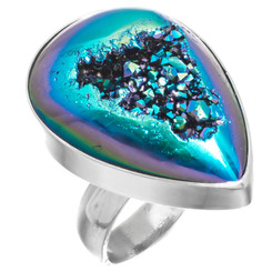 925 Silver Pear Peacock Purple Green Titanium Druzy Sterling Adj Sz 7 Ring, 1"