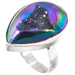 925 Silver Pear Peacock Purple Green Titanium Druzy Sterling Adj Sz 7 Ring, 1"
