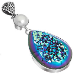 925 Silver Peacock Purple Green Titanium Druzy White Mabe Pearl Pendant, 1 1/4"
