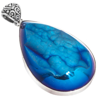 925 Silver Big Pear Cobalt Blue Titanium Druzy Teardrop Sterling Pendant, 2 1/4"