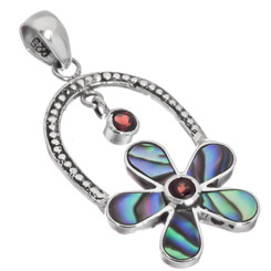 925 Silver Flower Garnet Paua Abalone Shell Hoop Sterling Pendant, 1 1/4"