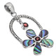 925 Silver Flower Garnet Paua Abalone Shell Hoop Sterling Pendant, 1 1/4"