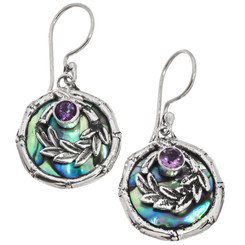 925 Silver Bamboo Wreath Paua Abalone Shell Amethyst Sterling Earrings, 13/16"