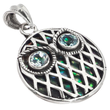 925 Silver Owl Inspired Paua Abalone Blue Topaz Bird Sterling Pendant, 7/8"