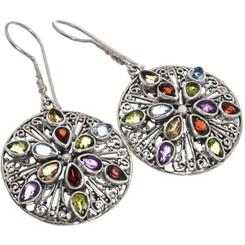 925 Silver Intricately Handmade Filigree Mixed Gems Sterling Earrings, 1 1/8"