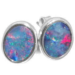 925 Silver Dark Blue Natural Large Australian Opal Sterling Stud Earrings, 9/16"