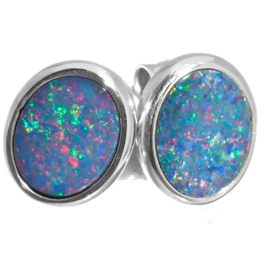 925 Silver Dark Blue Natural Large Australian Opal Sterling Stud Earrings, 9/16"