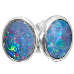 925 Silver Dark Blue Natural Large Australian Opal Sterling Stud Earrings, 9/16"