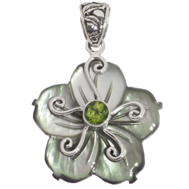 925 Silver Black Mother Of Pearl Shell Green Flower Peridot Pendant, 1 3/8"
