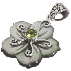 925 Silver Black Mother Of Pearl Shell Green Flower Peridot Pendant, 1 3/8"