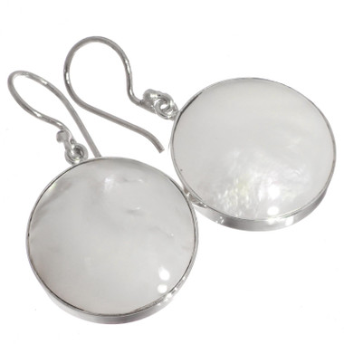 925 Silver Round White Oyster Mother Of Pearl Shell Pear Sterling Earrings, 3/4"