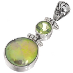 925 Silver Peridot Green Biwa Freshwater Coin Pearl Sterling Pendant, 1 1/4"