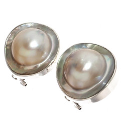 925 Silver Oyster Mabe Blister Pearl In Shell Sterling Omega Post Earrings, 7/8"
