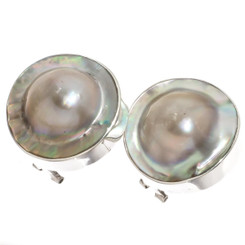 925 Silver Oyster Mabe Blister Pearl In Shell Sterling Omega Post Earrings, 7/8"