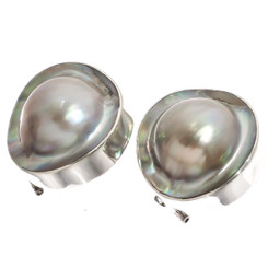 925 Silver Oyster Mabe Blister Pearl In Shell Sterling Omega Post Earrings, 7/8"