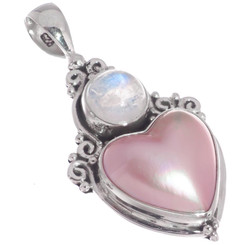 925 Silver Heart Pink Mabe Cultured Pearl Natural Moonstone Pendant, 1 3/4"