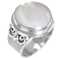 925 Silver Iridescent White Oyster Mother Of Pearl Solid Sterling Ring, 3/4"