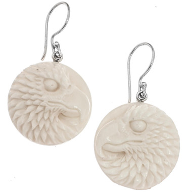 925 Silver Handcarved Eagle Face Bison Bison Bone Carving Earring, 7/8"