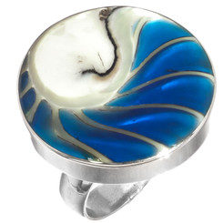 925 Silver Round Blue Nautilus Shell Sterling Adj Sz 6 Ring