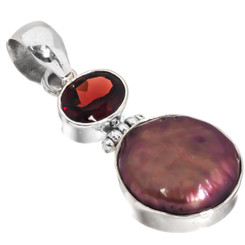 925 Silver Garnet Burgundy Freshwater Coin Pearl Sterling Pendant, 1 1/2"