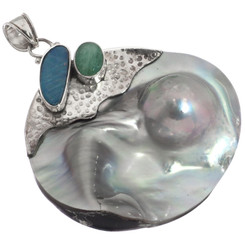 925 Silver Blister Pearl Natural Opal Emerald Pendant, 2 5/16"